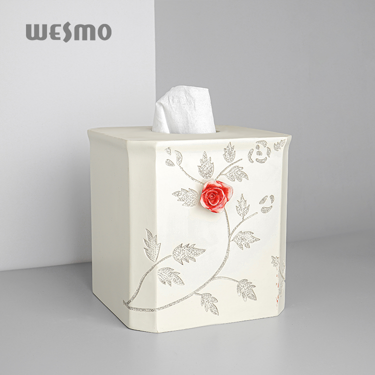 High Quality Modern Luxury Home Accessories Bathroom Polyresin Floral Tissue Holder Box